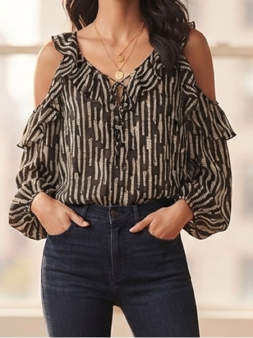 Parker Black & White Geo Silk Cold Shoulder Ruffle Blouse Size S